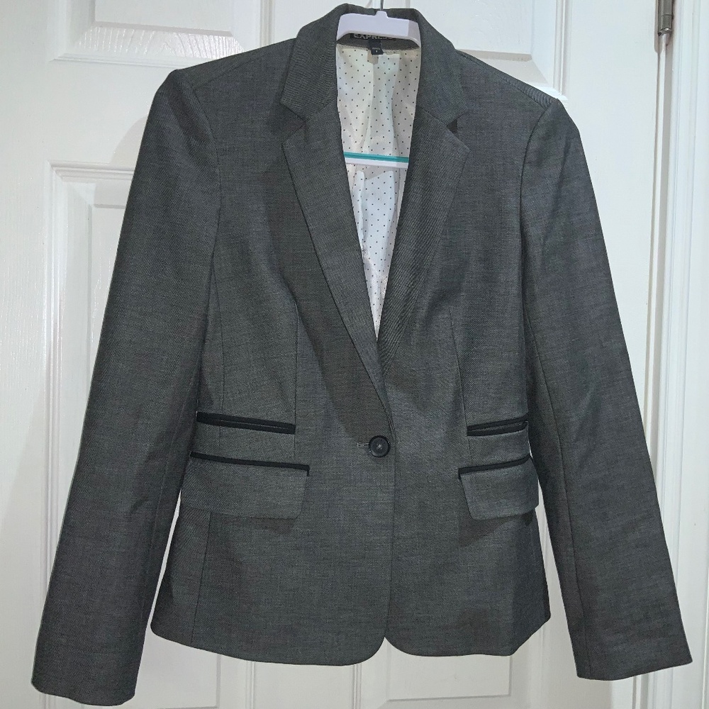 Express single button grey suit jacket Sz 2 welt & flap pockets lined career